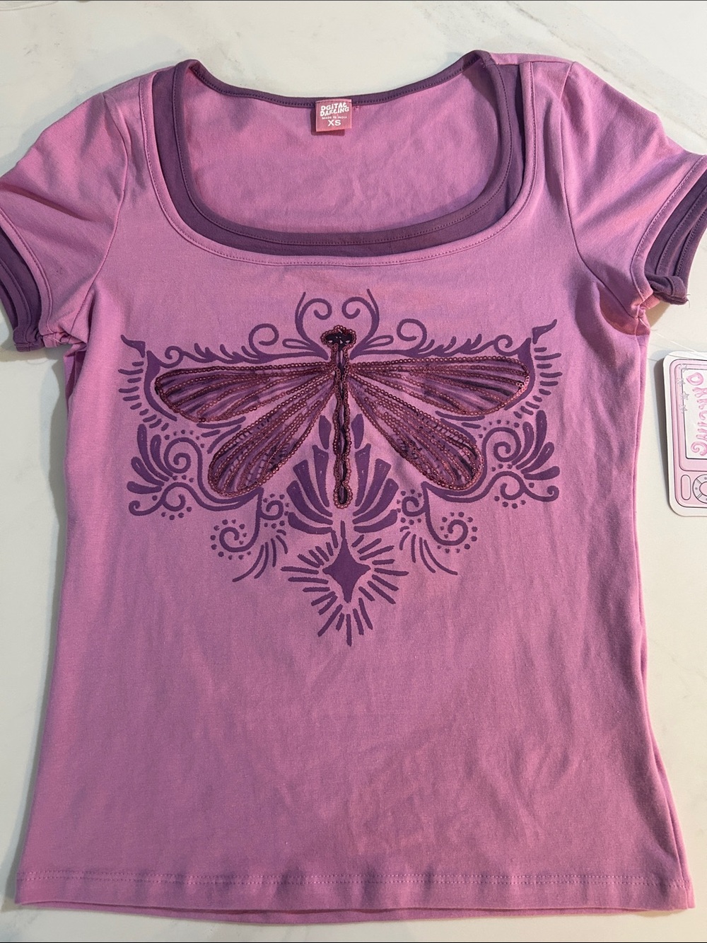 Decree Pink Dragonfly Embellished Short Sleeve Tee
